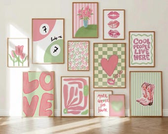 Pink Sage Green Gallery Art Set of 12 Prints, Girly Aesthetic College Dorm Decor, Trendy Retro Bundle Preppy Posters (Digital Download)