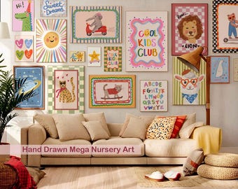 Nursery Wall Art Bundle Posters, Kids Playroom Decor, Colorful Children Wall Gallery, Whimsical Unisex Toddler Print Set of 70
