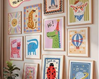 May include: A collection of framed art prints featuring whimsical illustrations. The set includes a variety of colorful images, such as a sun, a cheetah, a bear on a scooter, a llama, a cat, an elephant, a crocodile, a hot air balloon, a ladybug, and a planet.