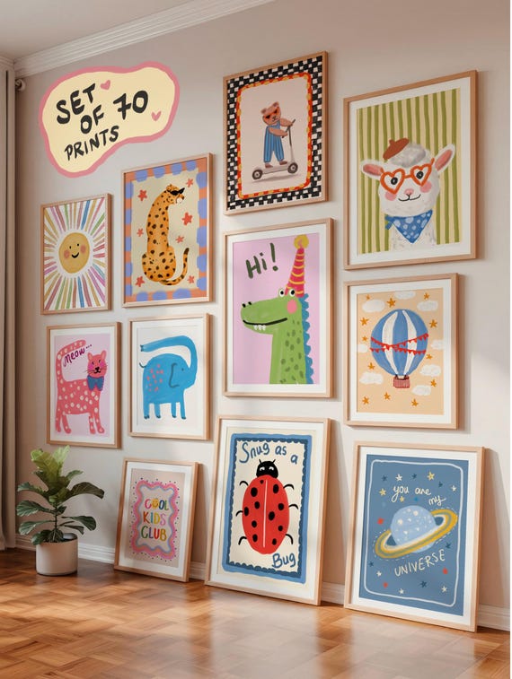 Nursery Wall Art Bundle Posters, Kids Playroom Decor, Colorful Children Wall Gallery, Whimsical Unisex Toddler Print 70