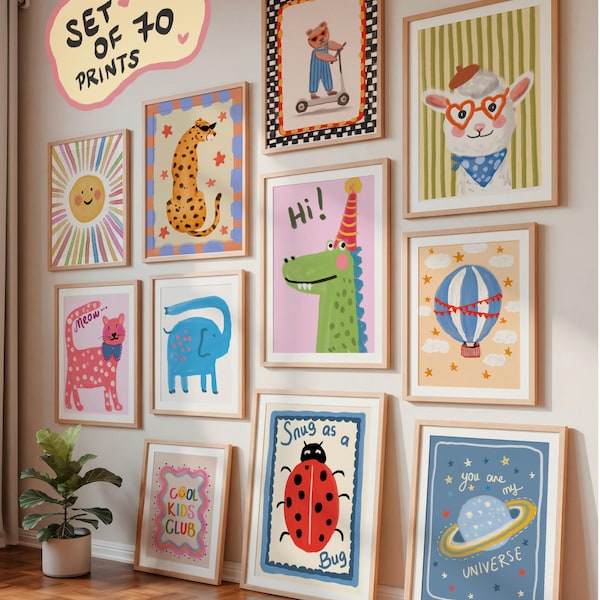 Paquete de pósteres para decoración de pared infantil, decoración para sala de juegos infantil, galería de pared infantil colorida, lámina unisex caprichosa para niños pequeños 70