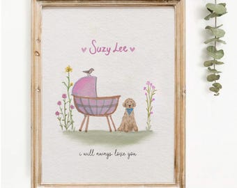 Personalized Nursery Pet Portrait, Watercolor Baby Name Print, Custom Birth Announcement, Baby Shower Gift, Dog Nursery Wall Art