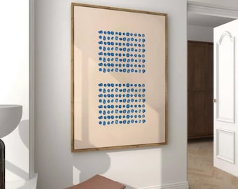 Abstract Blue Dot Print, Large Contemporary Scandi Poster, Vintage Japandi Modern Wall Art, Mid Century Printable Download