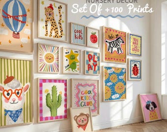 Nursery Bundle of +100 Prints, Colorful Whimsical Kids Wall Art, Playful Baby Room Animal Posters, Eclectic Nursery Gallery Decor