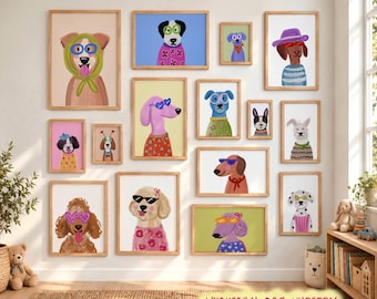 Colorful Dog Nursery Bundle Prints, Whimsical Kids Room Puppy Poster, Funky Animal Toddler Wall Art Playful Illustrations