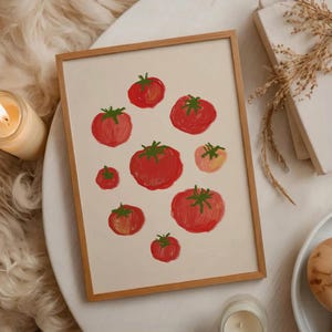 Retro Tomato Wall Art, Red Tomatoes Print, Funky Kitchen Decor, Hand Drawn Fruit Veggie Illustration, Maximalist Food Poster