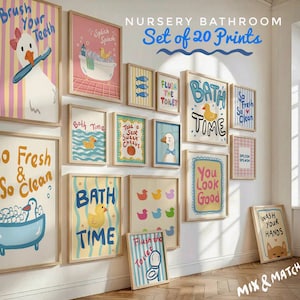 May include: A collection of 20 framed prints for a nursery bathroom. The prints feature illustrations of ducks, geese, and bathroom-themed phrases such as "Brush Your Teeth" and "Bath Time." The colour scheme includes pastel and bright colours.