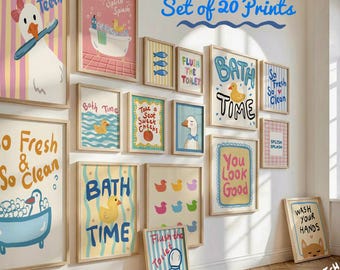 Nursery Bathroom Set of 20 Bundle Prints, Colorful Funky Kids Bathroom Decor, Hand Drawn Washroom Rubber Duck Gallery Art Restroom Poster