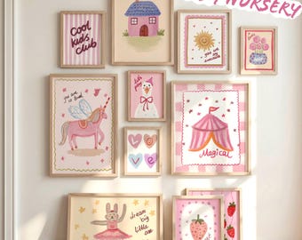 Girly Pink Nursery Prints, Baby Girl 30 Gallery Wall Art, Boho Animal Kids Room Decor, Cottagecore Mega Bundle Posters