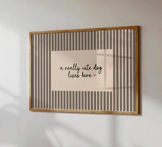 Funky Dog Art Print, Cute Handwritten Typography, Neutral Striped Retro Minimal Poster, Trendy Nursery Wall Art, Horizontal Digital Download
