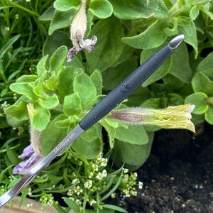 May include: Close-up of eyeglasses with a black arm and silver frame. The arm has the text "58-20 UV400". The glasses are set against a backdrop of green foliage and small white flowers.