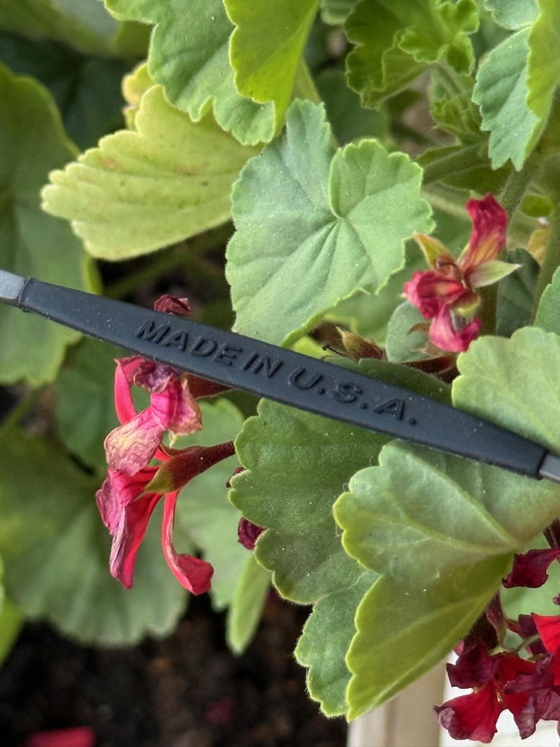 May include: A black object with the text "MADE IN U.S.A." is set against a background of green leaves and red flowers. The leaves are a bright green, and the flowers are a deep red.
