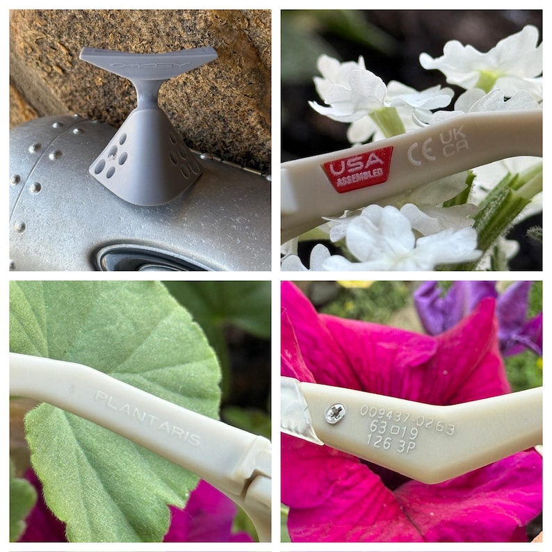 May include: A collection of images showcasing gray sunglasses and their components. One image displays the frame with the text "USA Assembled". Another shows the frame with the text "PLANTARIS". The sunglasses are set against a backdrop of flowers.