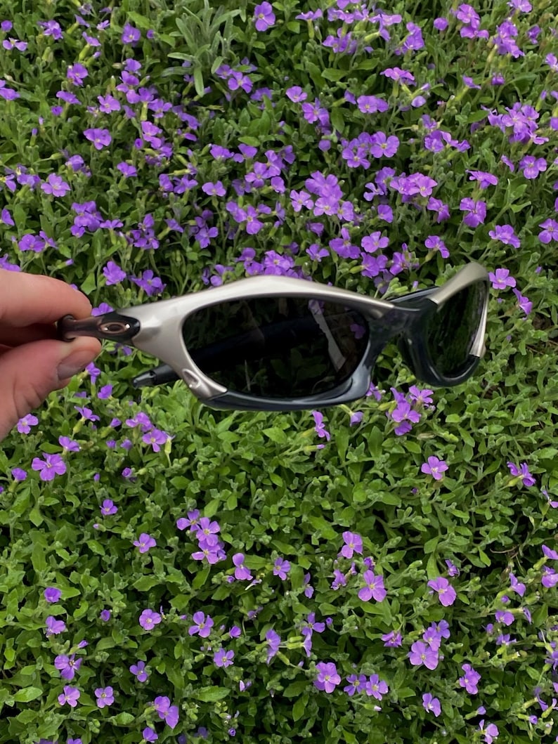 May include: Silver and black sunglasses with dark lenses. The sunglasses have a sleek, modern design. The image shows the sunglasses against a backdrop of vibrant purple flowers and green foliage.