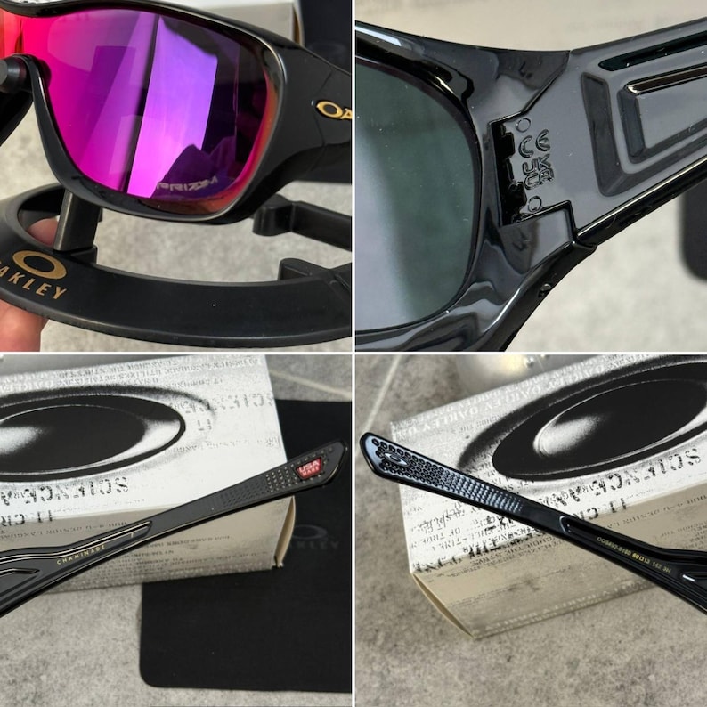 May include: Black Oakley sunglasses with a glossy finish and vibrant pink lenses. The frames feature the Oakley logo and text. The sunglasses are displayed with their original packaging, including a black case and a microfiber cloth.