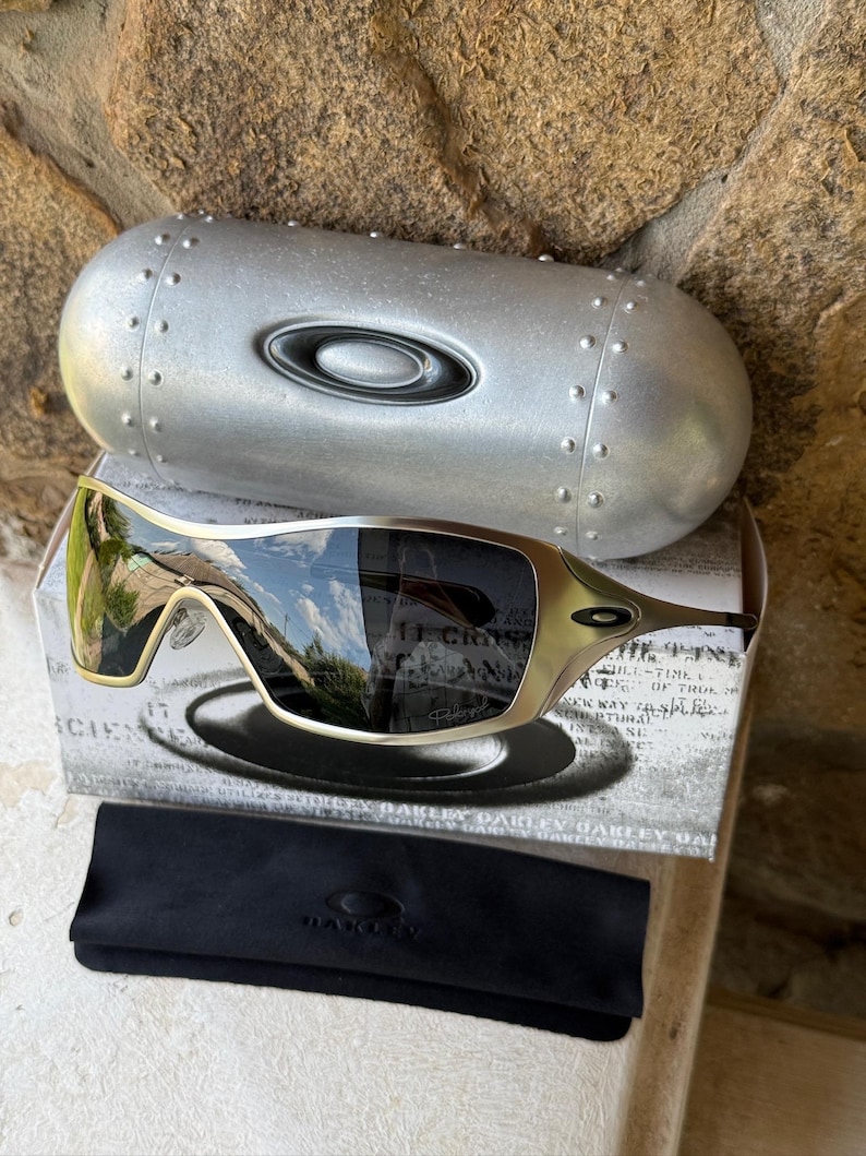 May include: Gold-framed sunglasses with dark lenses, resting on a box with the brand name and a black microfiber pouch. A silver, riveted case is behind the sunglasses. The sunglasses have a sleek, modern design.