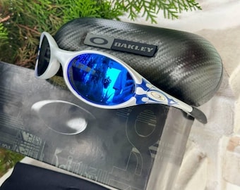 Oakley Eye Jacket Flame White Sunglasses Neon Blue Mirror Lenses Wrap Y2K Vintage