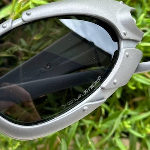May include: Close-up of silver-framed sunglasses with dark polarized lenses. The frame has a riveted design and the word "POLARIZED" is visible on the lens. The sunglasses are set against a backdrop of green foliage.