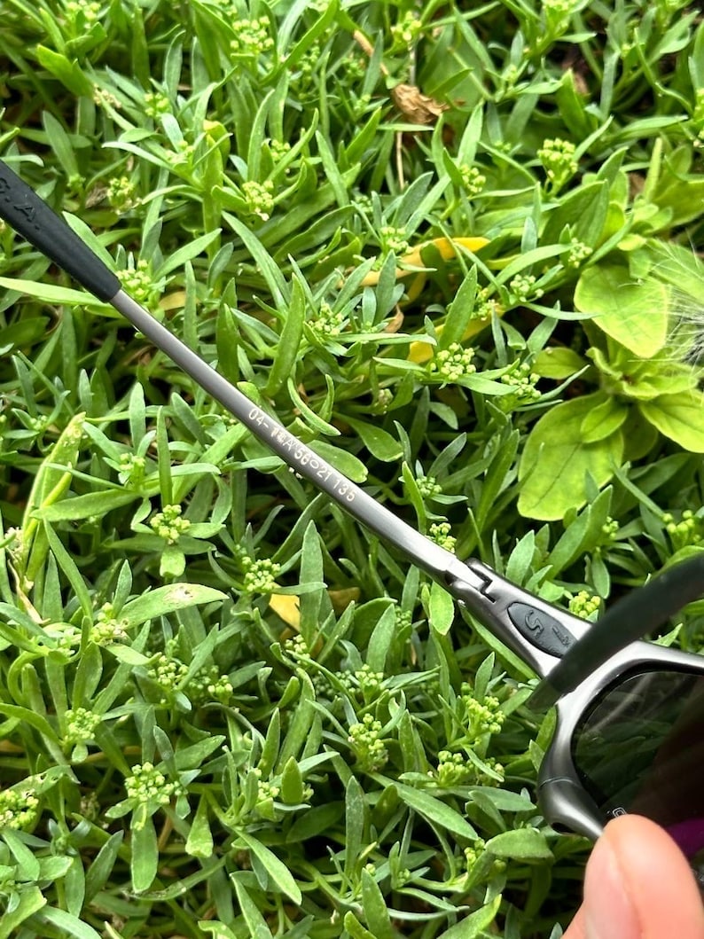 May include: Close-up of a pair of sunglasses with a gray metal frame and dark lenses. The text "04-TEA 56021 135" is printed on the temple. The sunglasses are set against a background of green foliage.