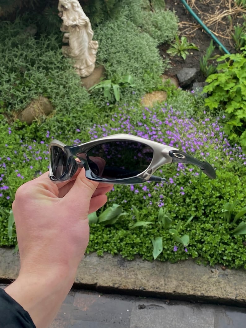 May include: Silver and black sunglasses with dark lenses. The sunglasses have a sporty design with a curved frame and arms. The lenses are dark, providing protection from the sun. The sunglasses are held up against a background of green foliage and purple flowers.