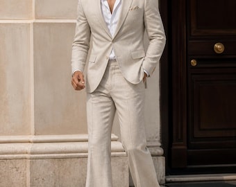 2-teiliger Leinenanzug für Herren - Vintage Schlaghose, Slim Fit Sommerhochzeitskleidung