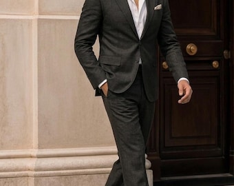 Herren Leinen Anzug 2-Teilig - Angesagte Schlaghose - Slim Fit Dunkelgrau Sommer Hochzeitsanzug - Atmungsaktiv