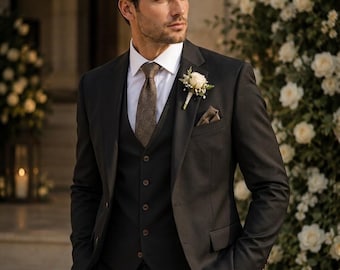 Herren Onyx Schwarzer Baumwoll-Leinen Hochzeitsanzug - 3-teilige Slim Fit formelle Kleidung