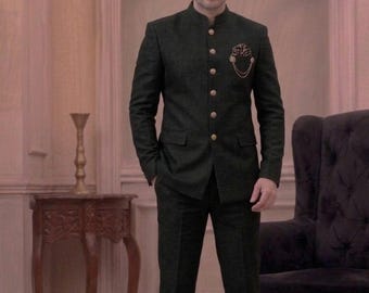 Herren Flaschengrüner Jodhpuri-Anzug aus Leinen - Slim Fit-Bandhgala-Hochzeitsoutfit