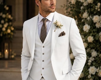 Terno de casamento em linho e algodão branco puro – 3 peças, corte slim para noivo