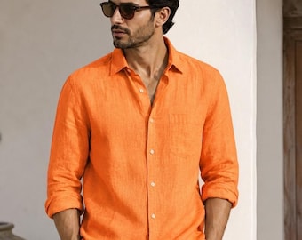 Men's Bright Orange Linen Shirt – Relaxed Fit Summer Beach Button-Down