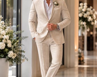 Men's Beige Linen 2-Piece Suit – Slim Fit, Breathable Summer Wedding suit