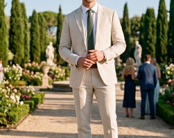 Men's Beige Linen Wedding Suit, Cream Summer Groom's 2-Piece, Custom Tailored Blazer Trousers