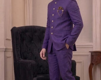 Men's Royal Purple Linen Jodhpuri Suit – Slim Fit Bandhgala Wedding Outfit