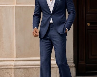 Navy Blue Linen 2-Piece Suit – Vintage Flare Trousers, Summer Wedding Groom Attire
