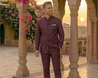 Men's Wine Burgundy Linen Jodhpuri Suit – Slim Fit Bandhgala Wedding Party Wear