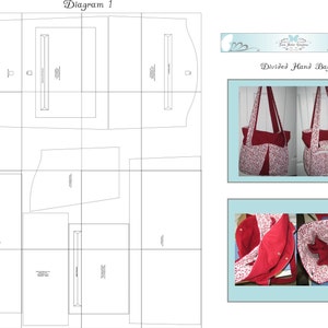May include: Diagram for a divided hand bag sewing pattern. The diagram shows the pieces needed to make the bag. The bag is red with white floral print. The text "Divided Hand Bag" is visible.
