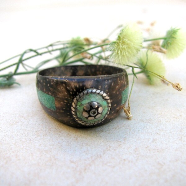 Coconut wood ring  with Turquoise gemstone and Eilat stone - wood and Sterling silver ring - natural ring - organic jewelry - tribal