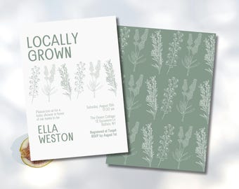 Op de afbeelding: Twee uitnodigingen voor een babyshower. Eén is wit met de tekst "LOCALLY GROWN" en "ELLA WESTON" in groen. De uitnodiging bevat bloemenillustraties en evenementdetails. De tweede uitnodiging heeft een groene achtergrond met een wit bloemenpatroon.