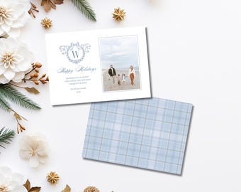 Plantilla de foto de tarjeta navideña con monograma azul Tarjeta festiva Plantilla de tarjeta navideña con foto sureña Tarjetas navideñas con monograma personalizadas Azul