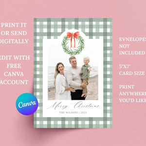 Green Plaid Preppy Christmas Card Template Watercolor Green Christmas Card Photo Template Elegant Editable Printable Holiday Card Template