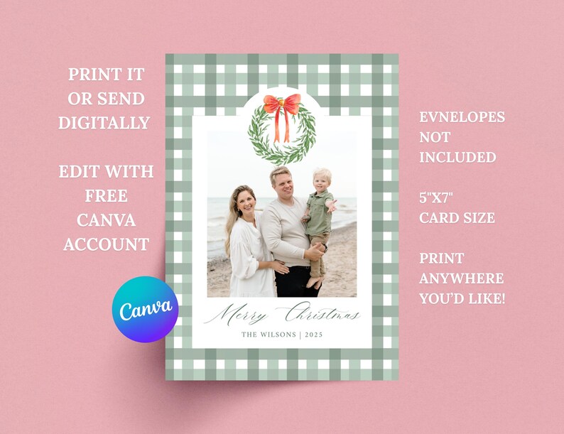 Green Plaid Preppy Christmas Card Template Watercolor Green Christmas Card Photo Template Elegant Editable Printable Holiday Card Template