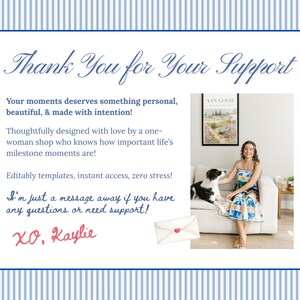 May include: A blue and white striped background frames a message that reads "Thank You for Your Support." The text is accompanied by a watercolor illustration of an envelope and a woman sitting on a couch with a dog.