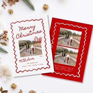 Funky Red Photo Template Holiday Card Squiggle Border Red and White Happy Holiday Template Photo Card Editable Printable Holiday Card