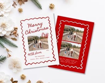 Funky Red Photo Template Holiday Card Squiggle Border Red and White Happy Holiday Template Photo Card Editable Printable Holiday Card