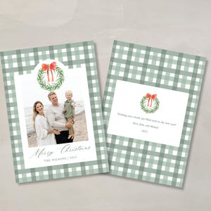 Green Plaid Preppy Christmas Card Template Watercolor Green Christmas Card Photo Template Elegant Editable Printable Holiday Card Template