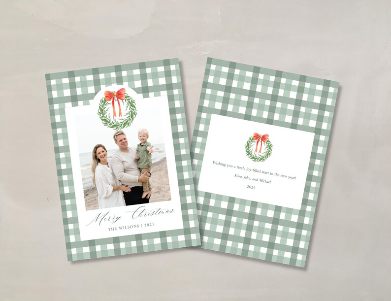 Green Plaid Preppy Christmas Card Template Watercolor Green Christmas Card Photo Template Elegant Editable Printable Holiday Card Template