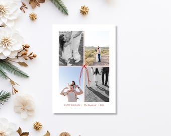 Red Bow Christmas Card Photo Template Holiday Card Simple and Modern Holiday Photo Cards Template Family Photo Card Ribbon Holiday Card