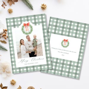 Green Plaid Preppy Christmas Card Template Watercolor Green Christmas Card Photo Template Elegant Editable Printable Holiday Card Template