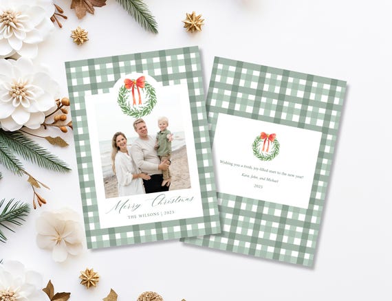 Green Plaid Preppy Christmas Card Template Watercolor Green Christmas Card Photo Template Elegant Editable Printable Holiday Card Template