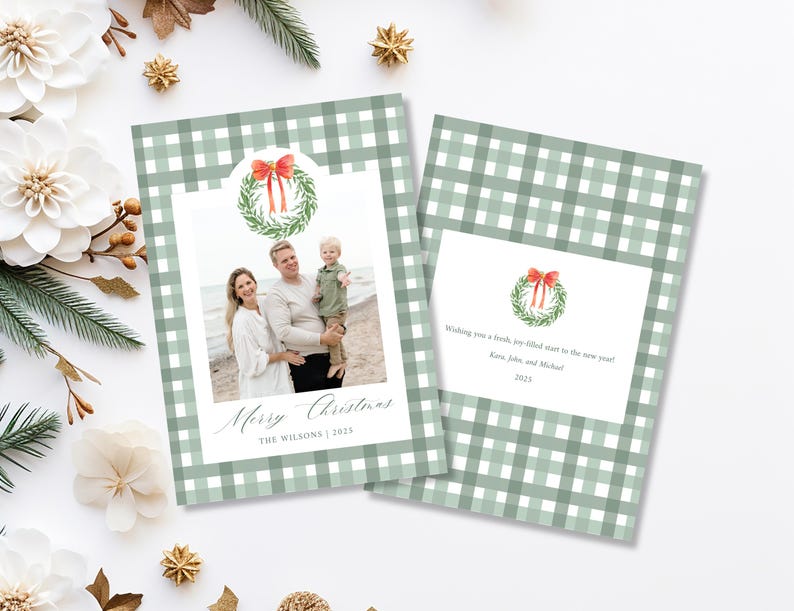 Green Plaid Preppy Christmas Card Template Watercolor Green Christmas Card Photo Template Elegant Editable Printable Holiday Card Template